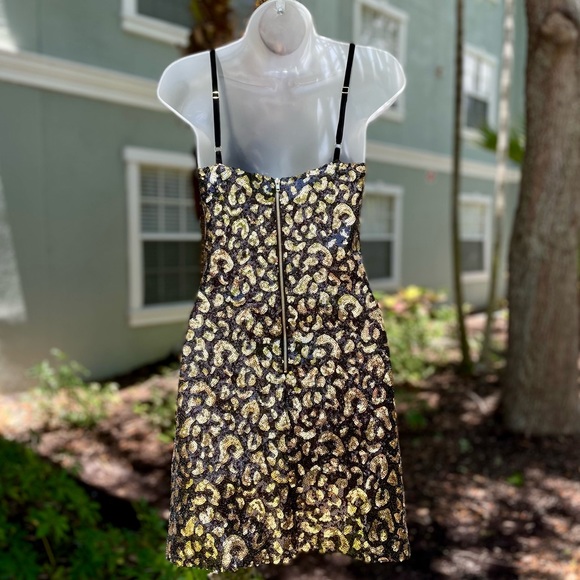 G Guess Black Sequins Mini Dress Size XS Gold Ranji Cheetah Sexy Animal Print - Picture 2 of 12